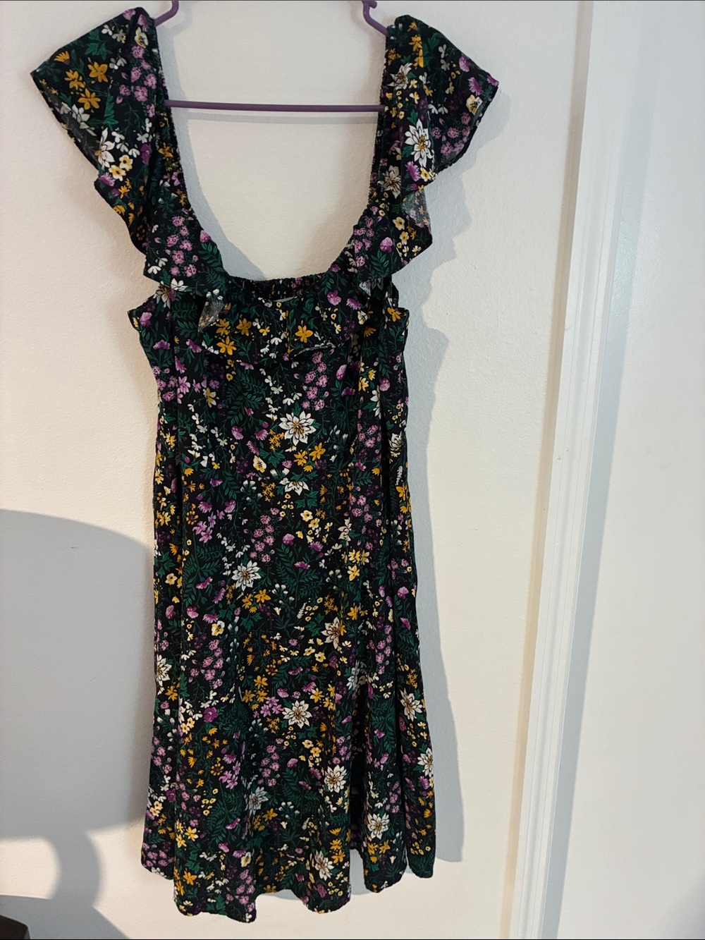 Old Navy Black Floral Midi Dress with Purple, Yellow & White Flowers